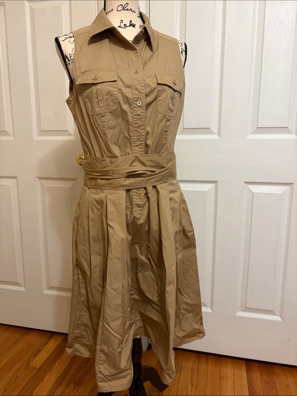 EUC RALPH LAUREN SAFARI-STYLE TIE WAIST SLEEVELESS SHIRT DRESS